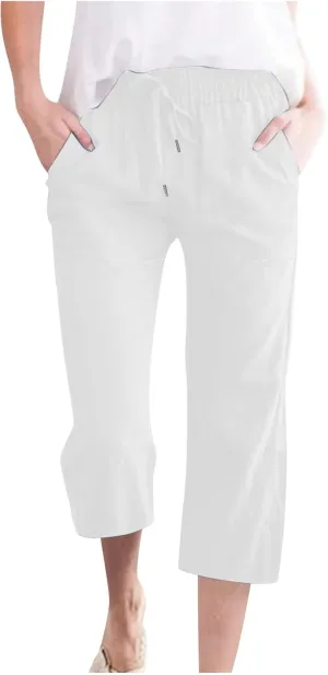Lmdudan 2025 Capri Pants for Women Summer Linen Pants Drawstring Waisted Casual Wide Leg Trousers Cropped Pants with Pockets