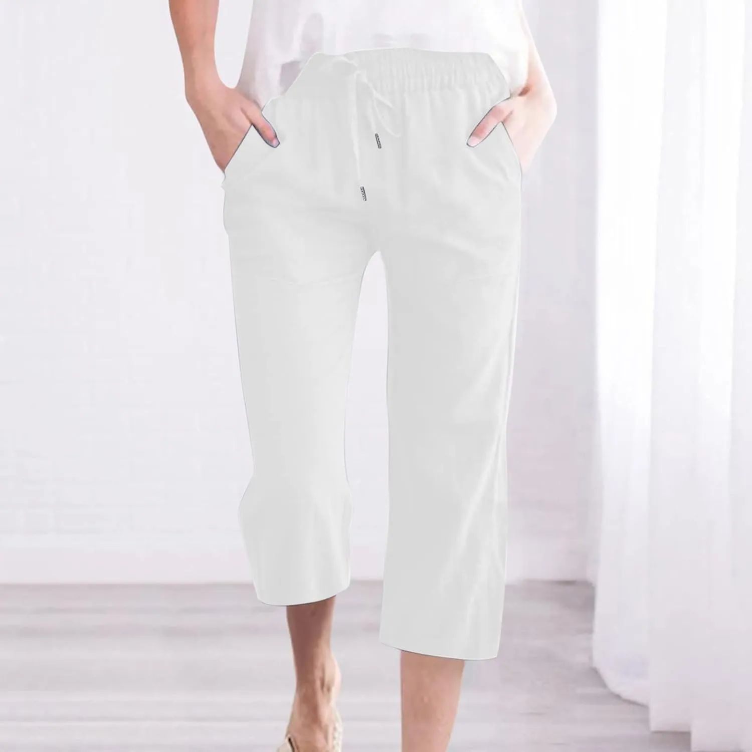 Lmdudan 2025 Capri Pants for Women Summer Linen Pants Drawstring Waisted Casual Wide Leg Trousers Cropped Pants with Pockets
