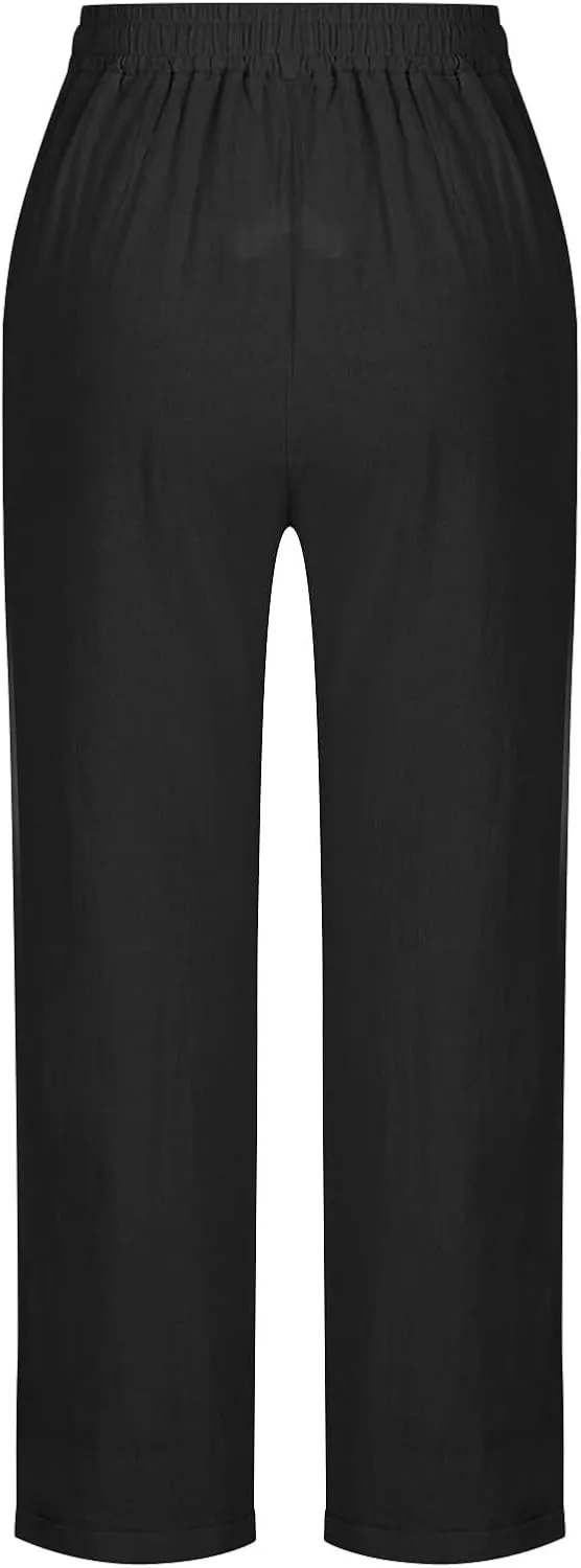 Lmdudan Plus Size Women Wide Leg Linen Pants Elastic Waisted Summer Cotton Linen Palazzo Pants Trendy Trousers with Pockets