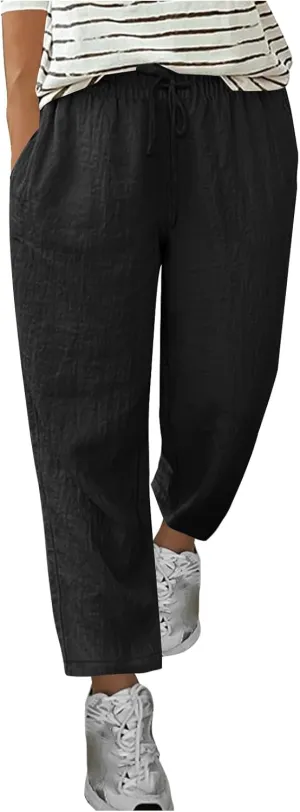 Lmdudan Plus Size Women Wide Leg Linen Pants Elastic Waisted Summer Cotton Linen Palazzo Pants Trendy Trousers with Pockets