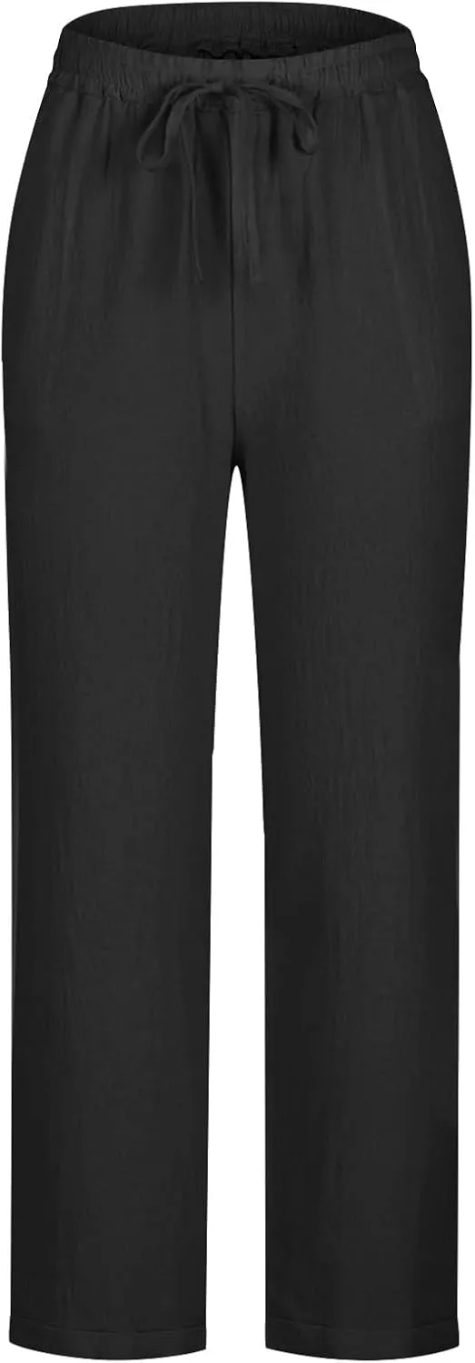 Lmdudan Plus Size Women Wide Leg Linen Pants Elastic Waisted Summer Cotton Linen Palazzo Pants Trendy Trousers with Pockets