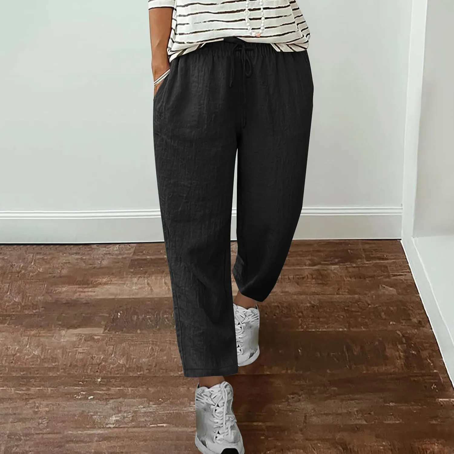 Lmdudan Plus Size Women Wide Leg Linen Pants Elastic Waisted Summer Cotton Linen Palazzo Pants Trendy Trousers with Pockets