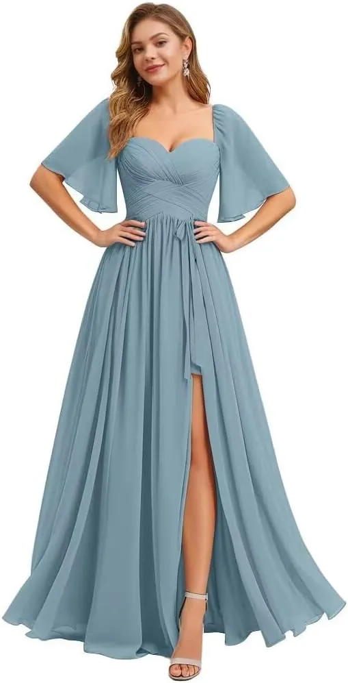 Long Chiffon Bridesmaid Dresses for Women with Sleeves Sweetheart A Line Formal Wedding Dress with Slit