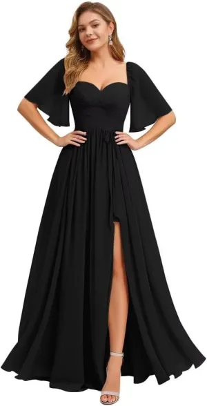 Long Chiffon Bridesmaid Dresses for Women with Sleeves Sweetheart A Line Formal Wedding Dress with Slit