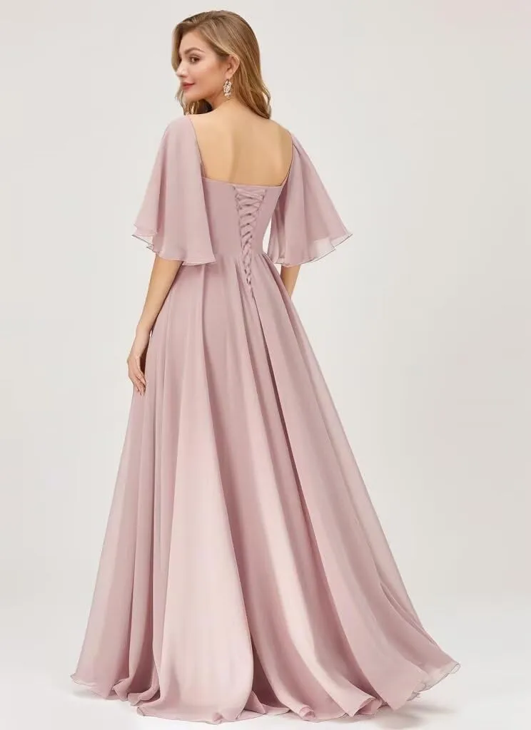 Long Chiffon Bridesmaid Dresses for Women with Sleeves Sweetheart A Line Formal Wedding Dress with Slit