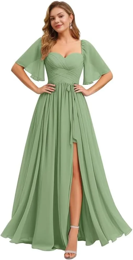 Long Chiffon Bridesmaid Dresses for Women with Sleeves Sweetheart A Line Formal Wedding Dress with Slit
