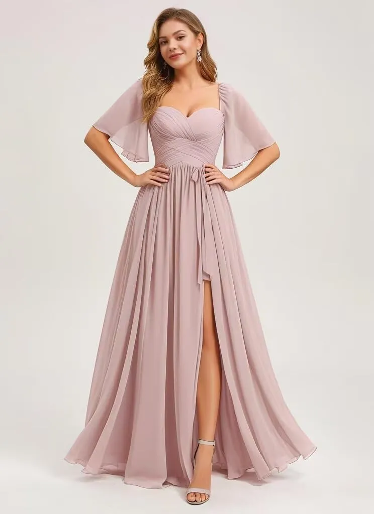 Long Chiffon Bridesmaid Dresses for Women with Sleeves Sweetheart A Line Formal Wedding Dress with Slit