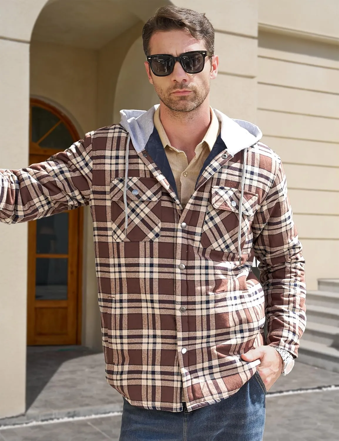 MAGCOMSEN Men's Quilted Lined Flannel Hoodie Jacket Cotton Button Down Shirt Jacket Long Sleeve Plaid Shirt Shacket