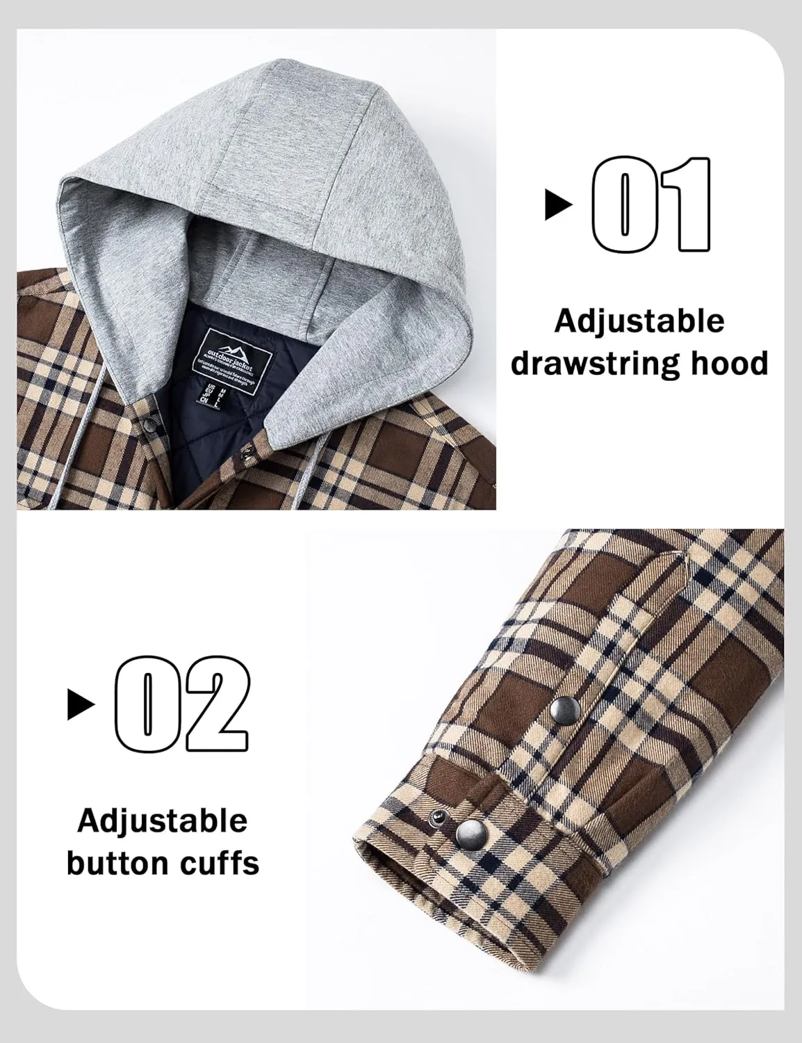 MAGCOMSEN Men's Quilted Lined Flannel Hoodie Jacket Cotton Button Down Shirt Jacket Long Sleeve Plaid Shirt Shacket