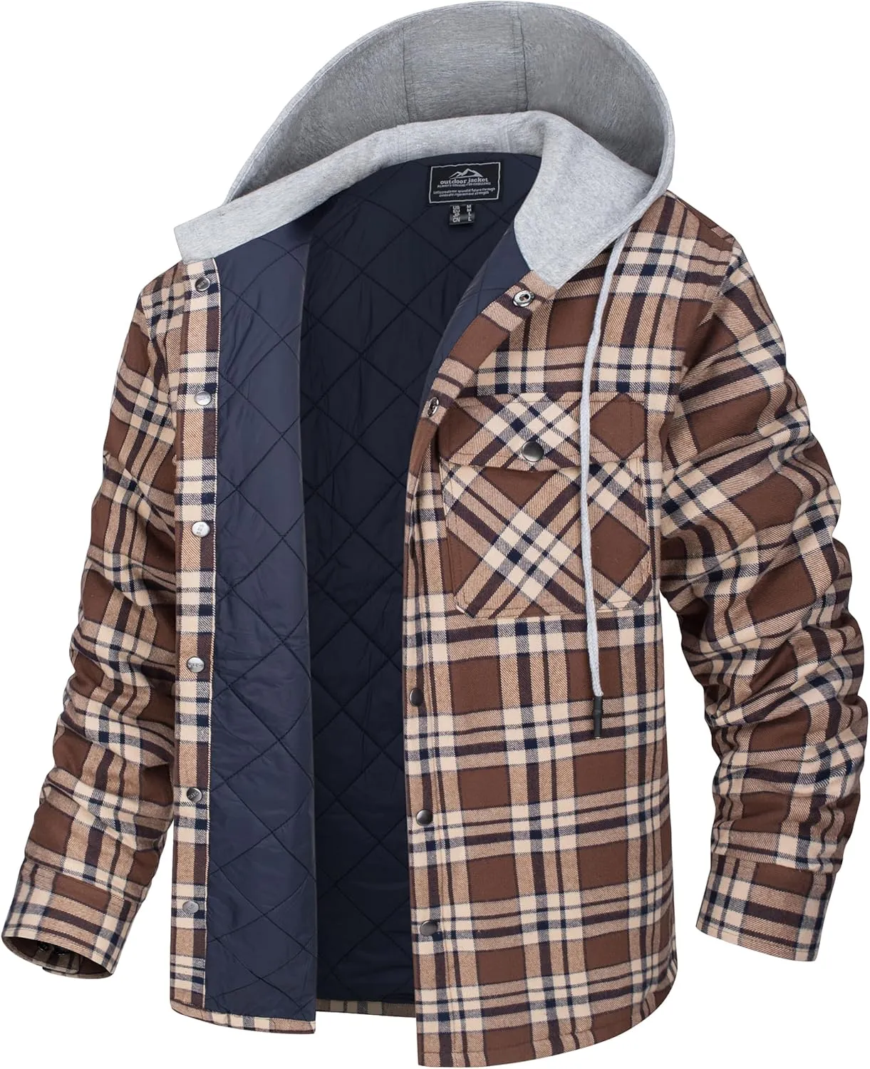 MAGCOMSEN Men's Quilted Lined Flannel Hoodie Jacket Cotton Button Down Shirt Jacket Long Sleeve Plaid Shirt Shacket