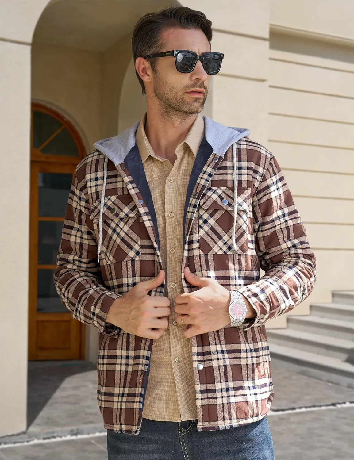 MAGCOMSEN Men's Quilted Lined Flannel Hoodie Jacket Cotton Button Down Shirt Jacket Long Sleeve Plaid Shirt Shacket