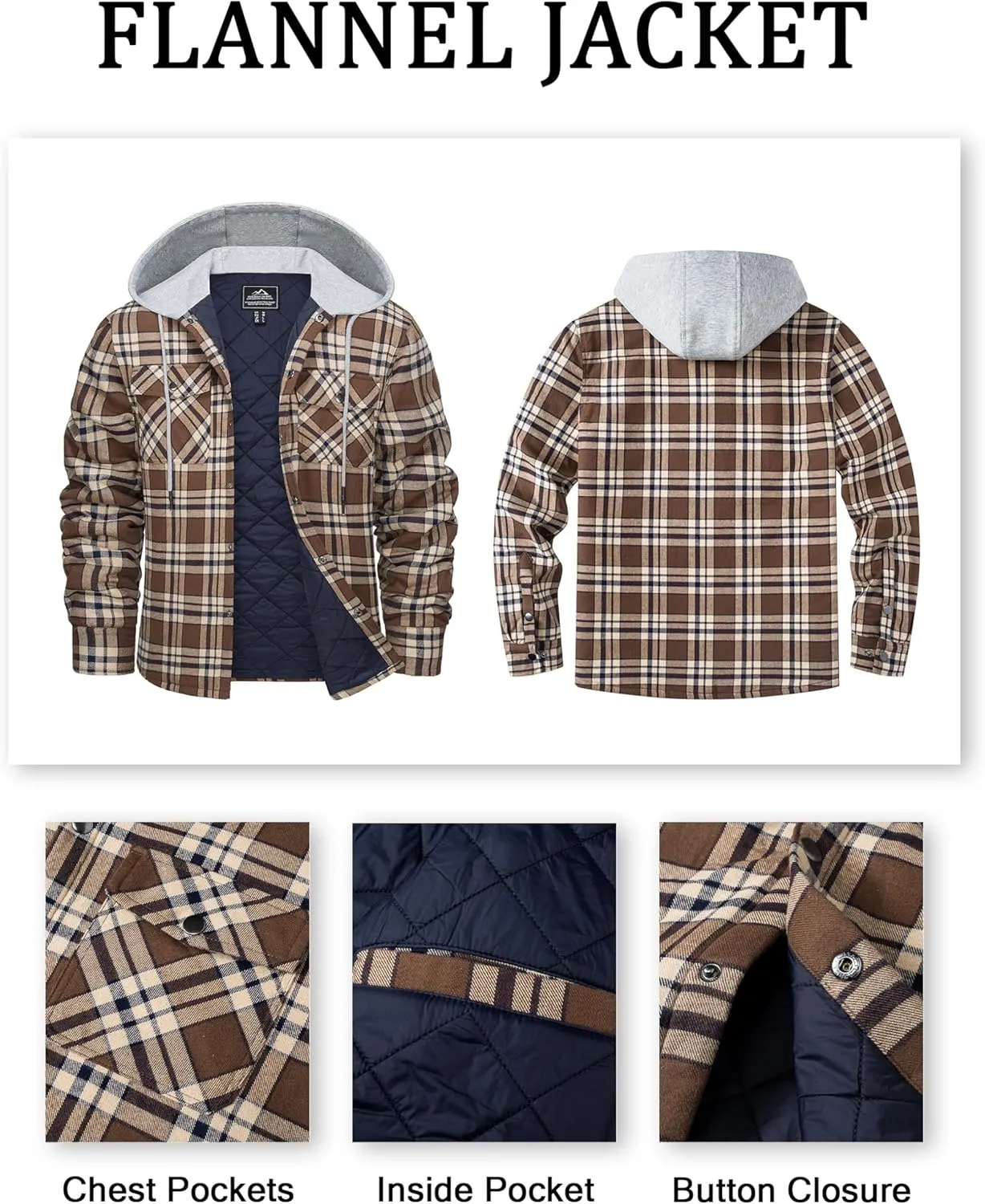 MAGCOMSEN Men's Quilted Lined Flannel Hoodie Jacket Cotton Button Down Shirt Jacket Long Sleeve Plaid Shirt Shacket