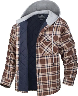 MAGCOMSEN Men's Quilted Lined Flannel Hoodie Jacket Cotton Button Down Shirt Jacket Long Sleeve Plaid Shirt Shacket