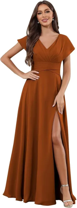 MAGGCIF Flutter Sleeve Bridesmaid Dresses for Women with Slit Ruffles Chiffon A Line Long Formal Wedding Guest Dress