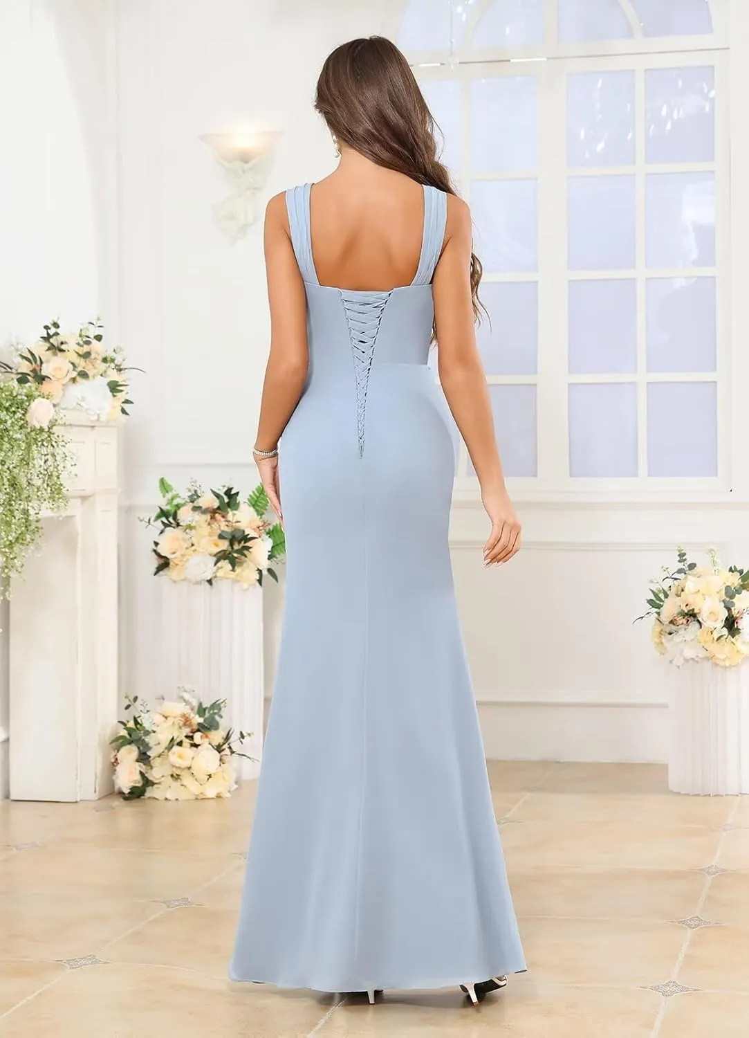 MAGGCIF Mermaid Bridesmaid Dresses with Slit Ruffles Chiffon Square Neck Long Formal Prom Dress for Women
