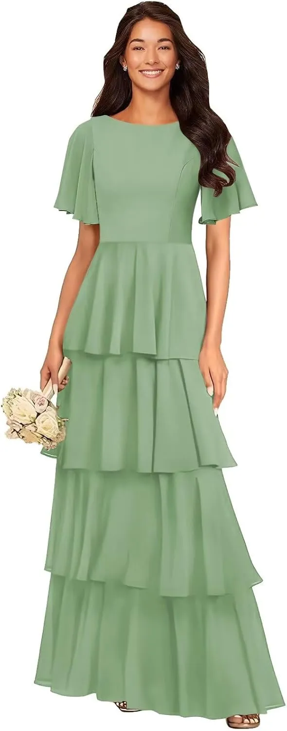 MAGGCIF Tiered Ruffles Bridesmaid Dresses with Flutter Sleeves Chiffon A Line Long Formal Prom Dress for Women