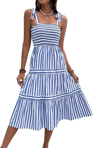 MakeMeChic Women's Summer Floral Dresses 2025 Beach Vacation Casual Blue and White Long Maxi Sundresses White Blue Striped M