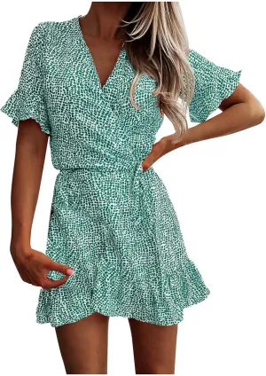 Maryia Women's Summer Dresses V Neck Wrap Casual Loose Cute Leopard Floral Print Swing Ruffle Hem Beach Mini Dress