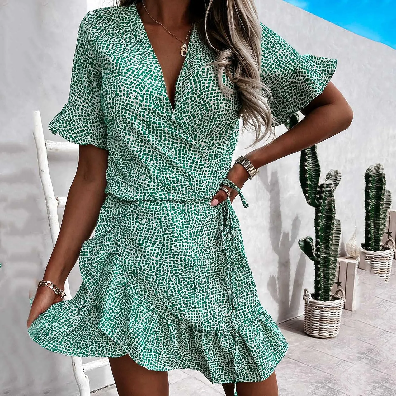 Maryia Women's Summer Dresses V Neck Wrap Casual Loose Cute Leopard Floral Print Swing Ruffle Hem Beach Mini Dress