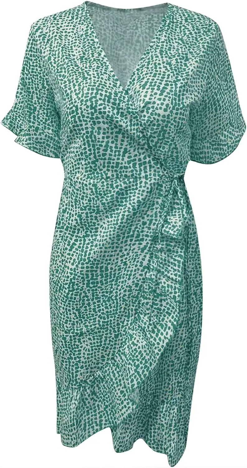 Maryia Women's Summer Dresses V Neck Wrap Casual Loose Cute Leopard Floral Print Swing Ruffle Hem Beach Mini Dress