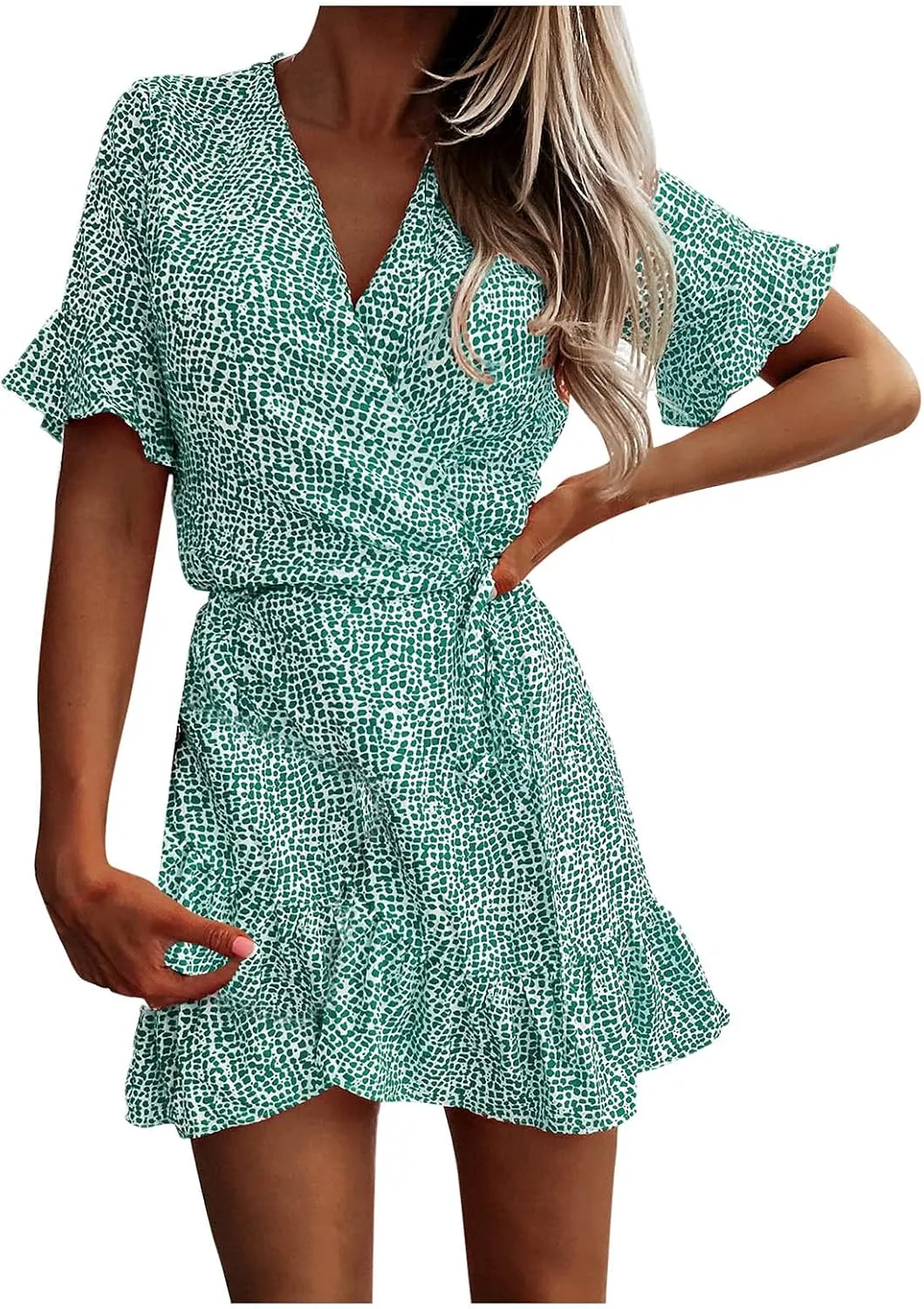 Maryia Women's Summer Dresses V Neck Wrap Casual Loose Cute Leopard Floral Print Swing Ruffle Hem Beach Mini Dress