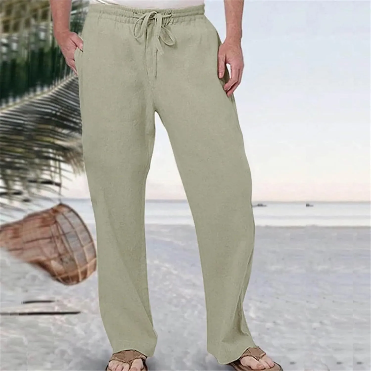 Men Linen Pants Lightweight Casual Relaxed Fit Elastic Waist Breathable Wide Leg Baggy Joggers Trousers