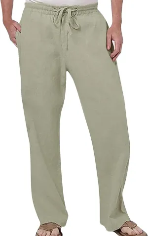 Men Linen Pants Lightweight Casual Relaxed Fit Elastic Waist Breathable Wide Leg Baggy Joggers Trousers