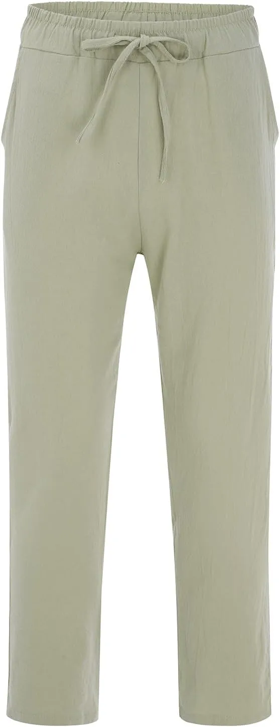 Men Linen Pants Lightweight Casual Relaxed Fit Elastic Waist Breathable Wide Leg Baggy Joggers Trousers