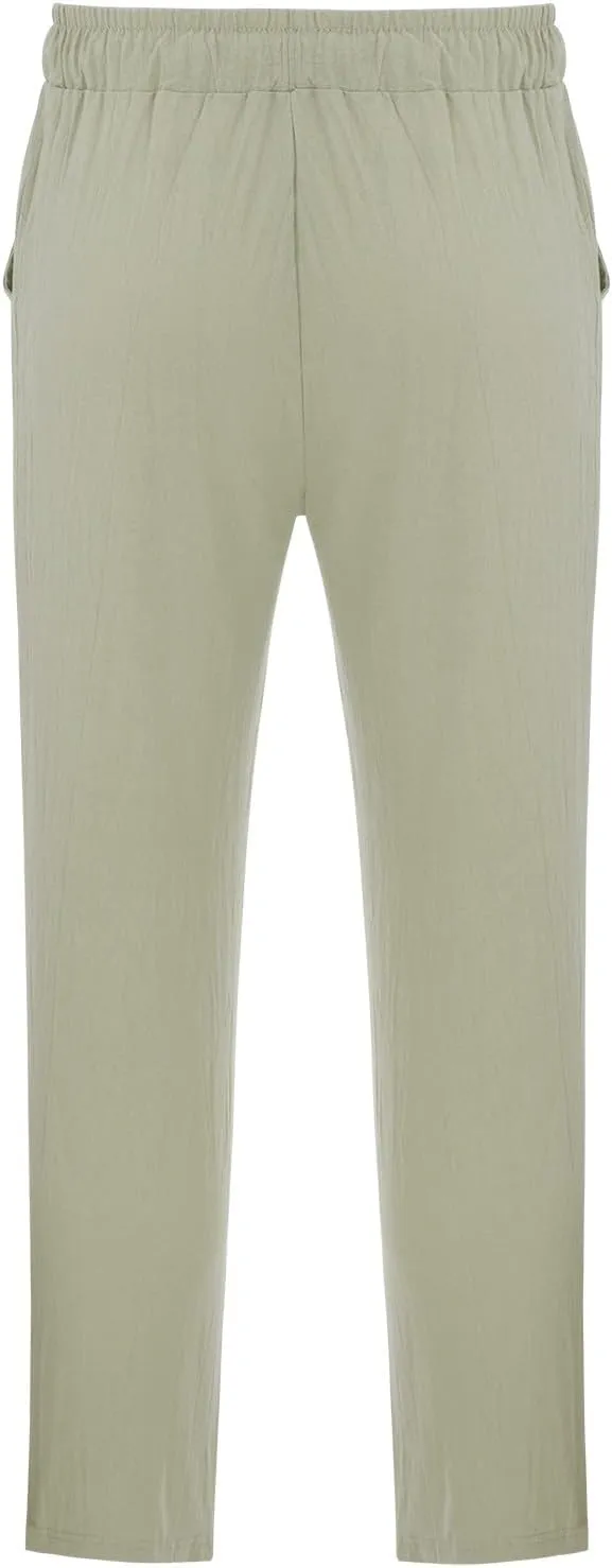 Men Linen Pants Lightweight Casual Relaxed Fit Elastic Waist Breathable Wide Leg Baggy Joggers Trousers