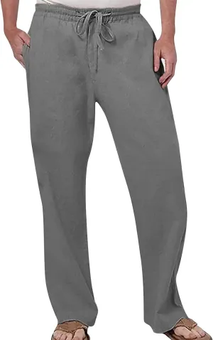 Men Linen Pants Lightweight Casual Relaxed Fit Elastic Waist Breathable Wide Leg Baggy Joggers Trousers