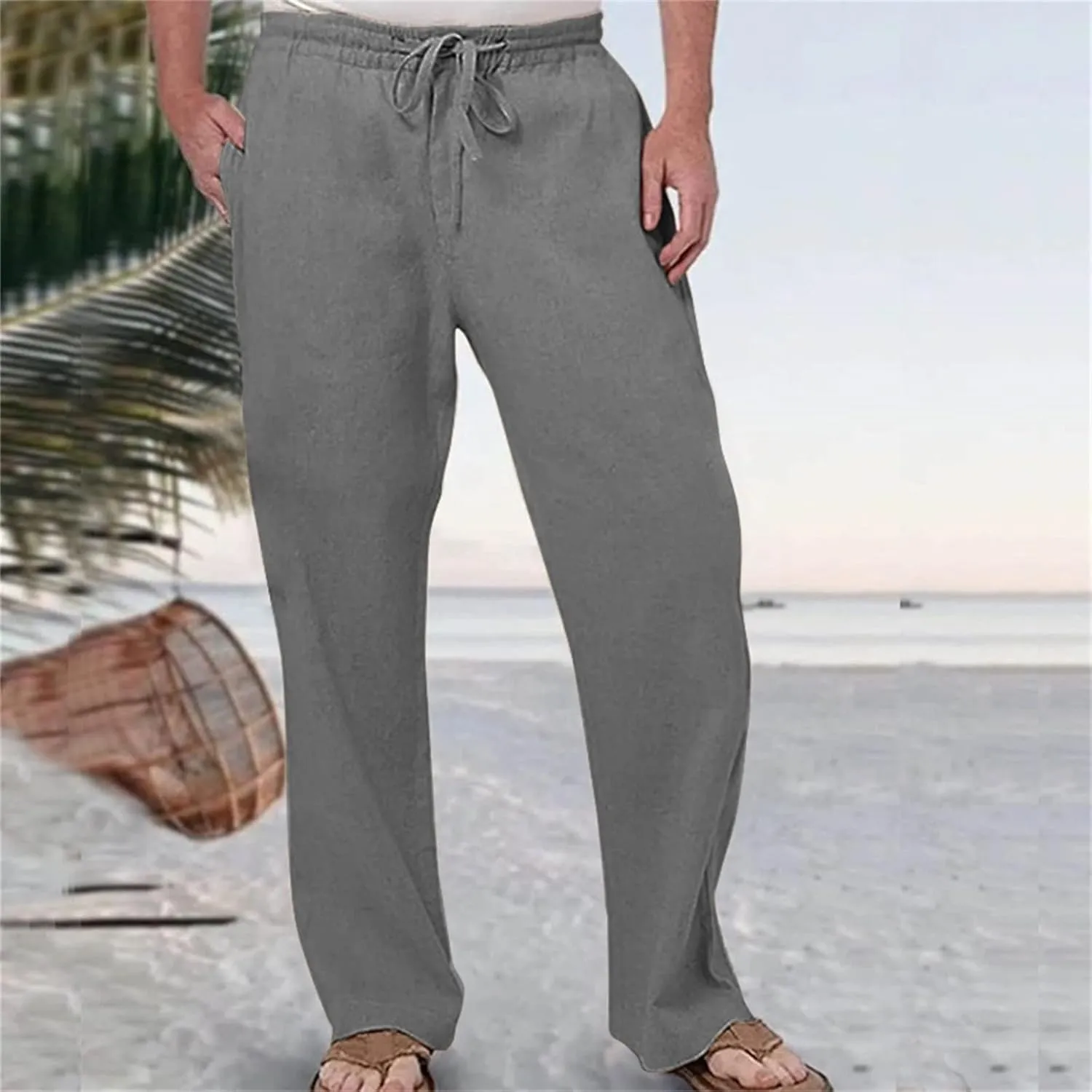 Men Linen Pants Lightweight Casual Relaxed Fit Elastic Waist Breathable Wide Leg Baggy Joggers Trousers
