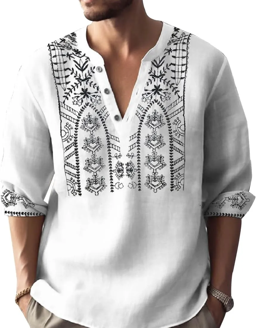 Men's 3D Printed Mandarin Collar Shirt Casual Long Sleeve Henley with Intricate Pattern