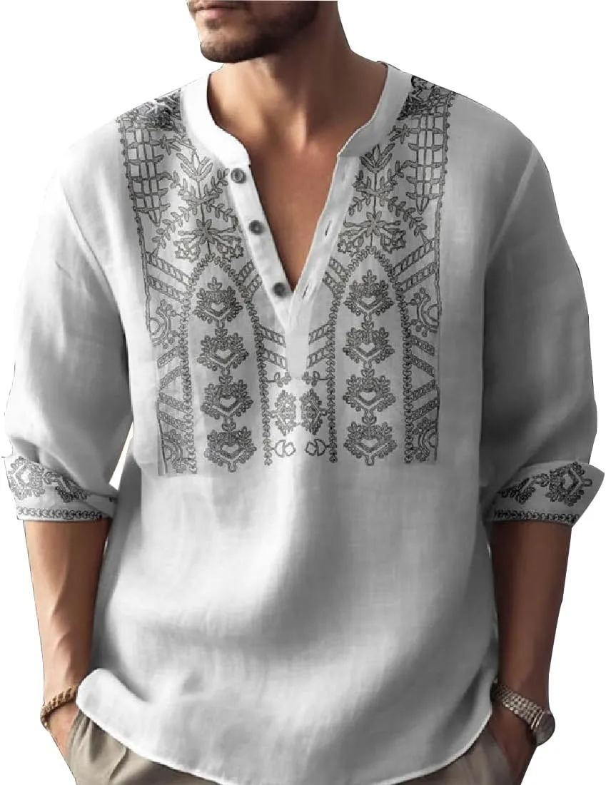 Men's 3D Printed Mandarin Collar Shirt Casual Long Sleeve Henley with Intricate Pattern