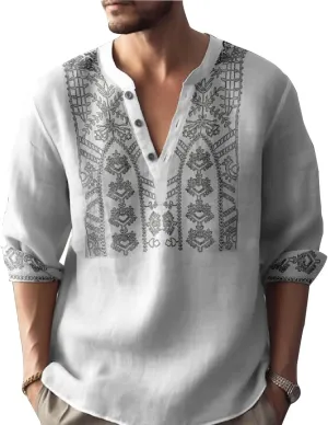Men's 3D Printed Mandarin Collar Shirt Casual Long Sleeve Henley with Intricate Pattern
