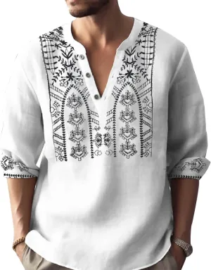 Men's 3D Printed Mandarin Collar Shirt Casual Long Sleeve Henley with Intricate Pattern