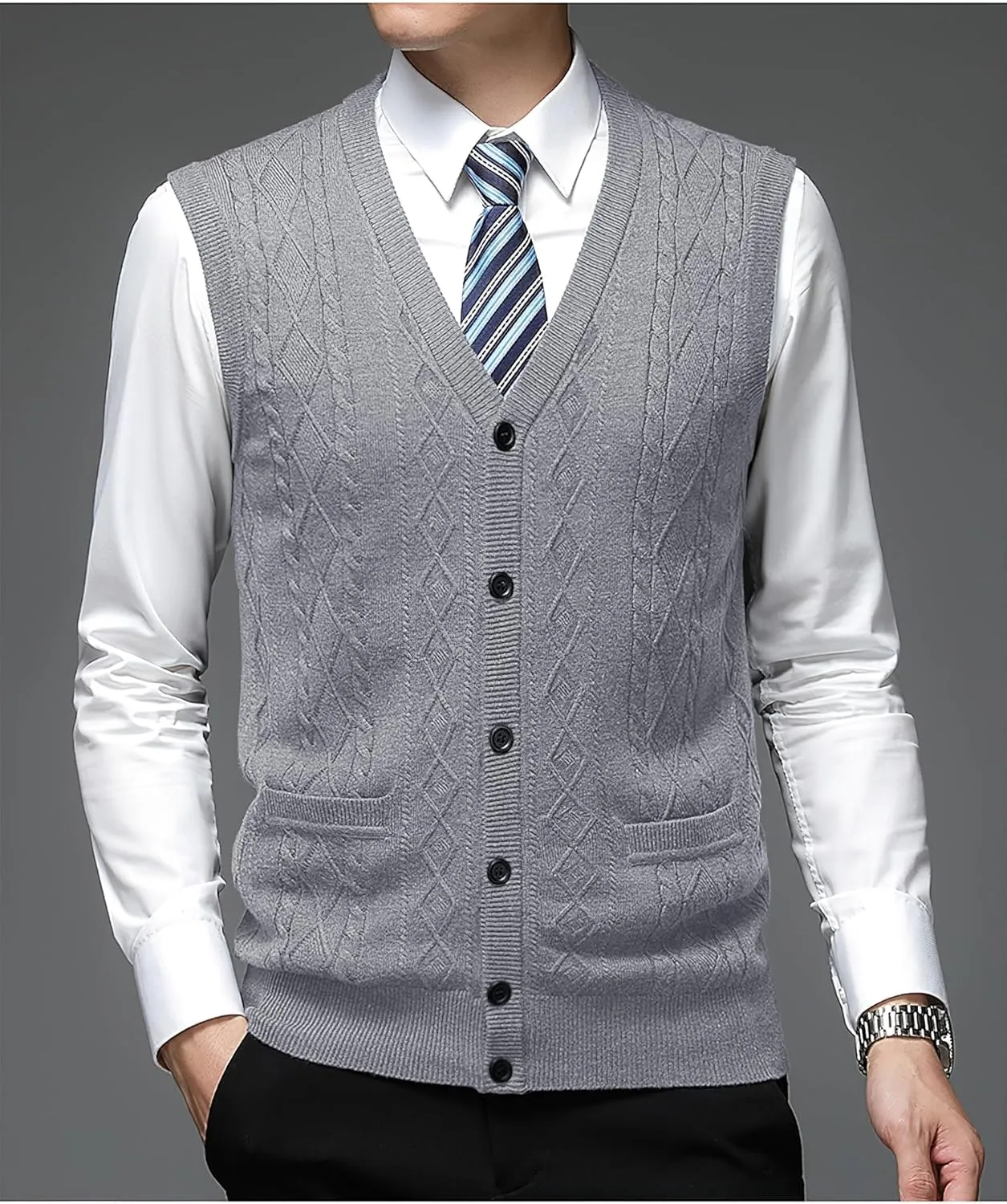 Men's Classic V Neck Wool Blend Sweater Vest Sleeveless Button Front Knit Cardigan Vest with Pocket