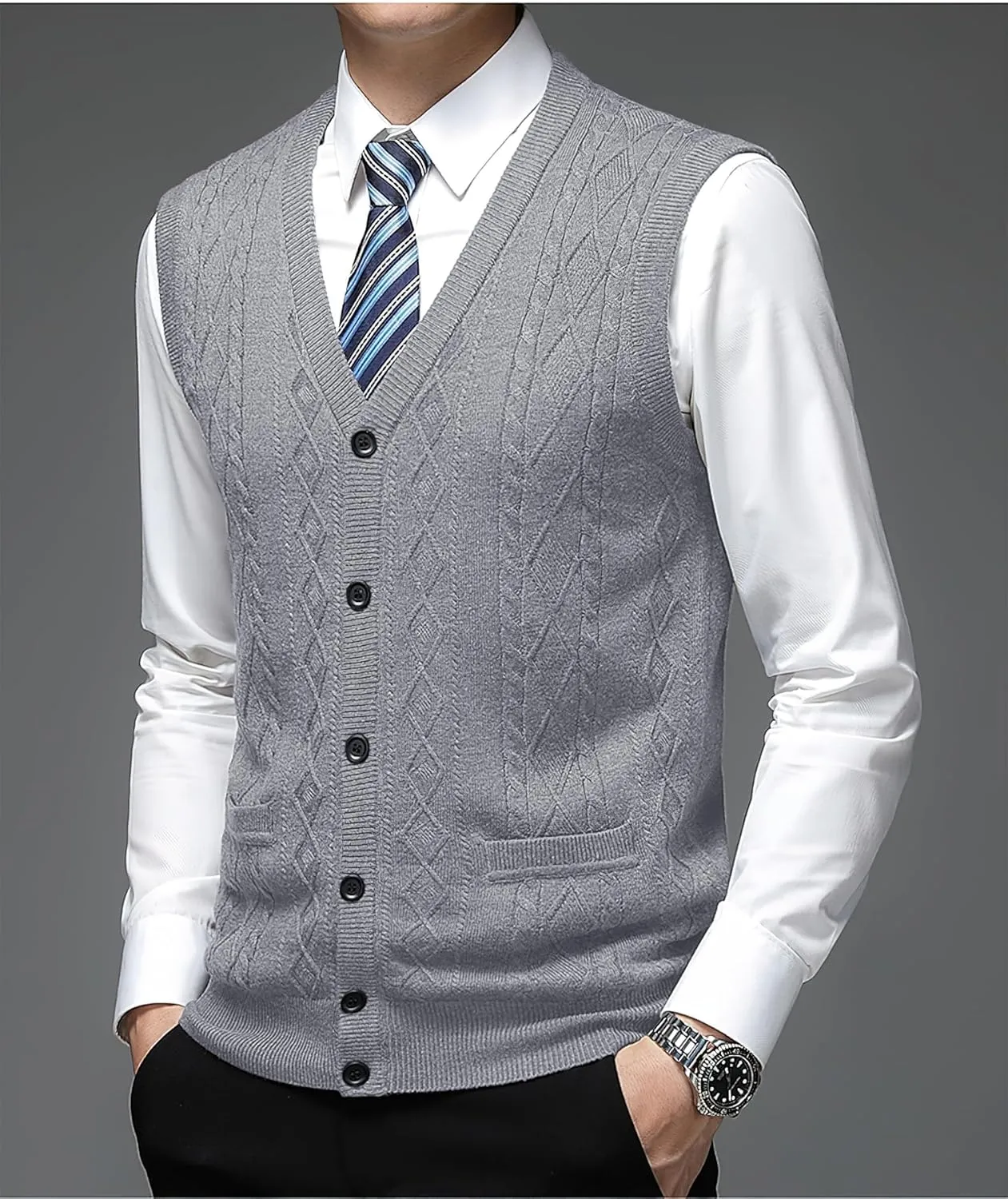 Men's Classic V Neck Wool Blend Sweater Vest Sleeveless Button Front Knit Cardigan Vest with Pocket