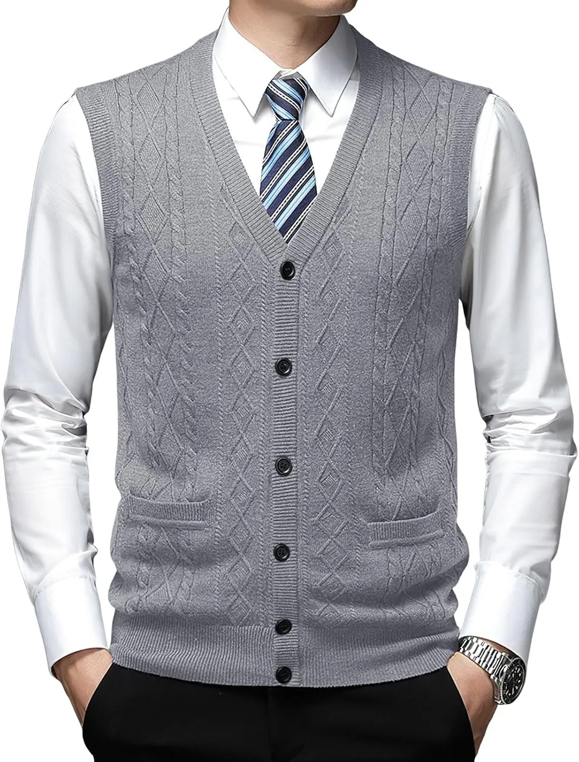Men's Classic V Neck Wool Blend Sweater Vest Sleeveless Button Front Knit Cardigan Vest with Pocket