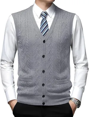 Men's Classic V Neck Wool Blend Sweater Vest Sleeveless Button Front Knit Cardigan Vest with Pocket