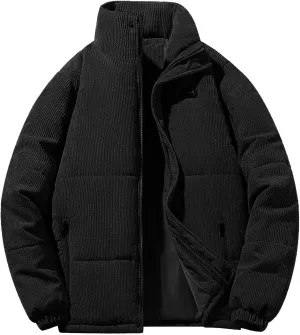 Mens Corduroy Puffer Jacket Winter Quilted Thermal Coat Lightweight Mock Neck Zip Ribbed Short Down Jackets Outerwear