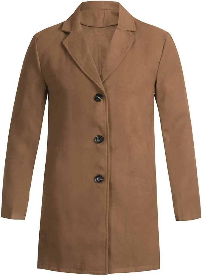 Men's Double Breasted Woolen Pea Coat Winter Warm Notched Collar Slim Fit Overcoat Trench Coat Windbreaker Outwear