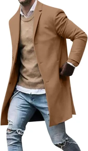 Men's Double Breasted Woolen Pea Coat Winter Warm Notched Collar Slim Fit Overcoat Trench Coat Windbreaker Outwear