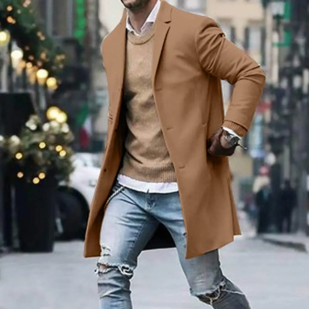 Men's Double Breasted Woolen Pea Coat Winter Warm Notched Collar Slim Fit Overcoat Trench Coat Windbreaker Outwear