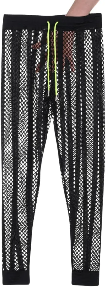 Men's Fishnet Pants Male See Through Bottoms Mesh Pants for Men