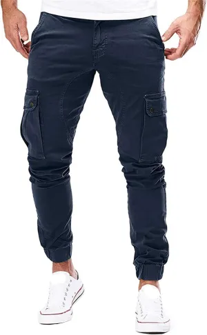 Mens Hiking Cargo Twill Pants Elastic Waist Trousers Jogger Chino Pant Slim Fit Tapered Work Trousers with Athletics Pocket (Blue,X-Large)
