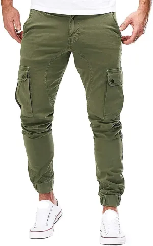 Mens Hiking Cargo Twill Pants Elastic Waist Trousers Jogger Chino Pant Slim Fit Tapered Work Trousers with Athletics Pocket (Green,XX-Large)