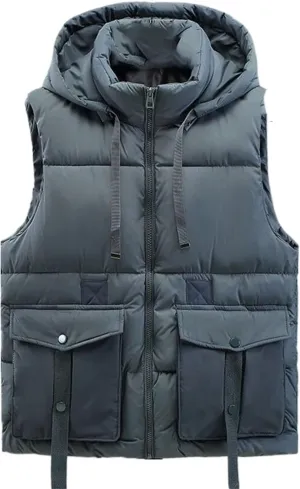 Men's Hooded Vest Winter Zipper Warm Stand Collar Waistcoat Men Cotton Padded Sleeveless Jackets