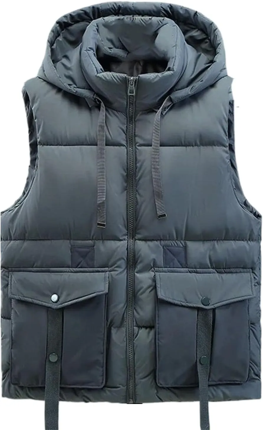 Men's Hooded Vest Winter Zipper Warm Stand Collar Waistcoat Men Cotton Padded Sleeveless Jackets