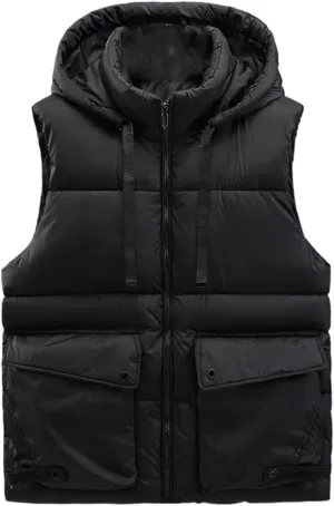 Men's Hooded Vest Winter Zipper Warm Stand Collar Waistcoat Men Cotton Padded Sleeveless Jackets