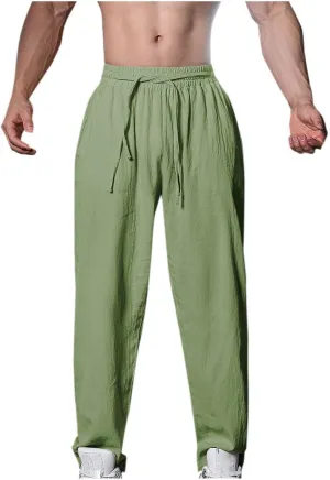 Men's Linen Pants Casual Loose Fit Workout Yoga Pants Drawstring Lightweight Baggy Beach Summer Trousers with Pockets